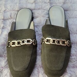 Sanctuary Big Time Olive Green Chain Suede Leather Mule Loafers Women’s Size 9.5